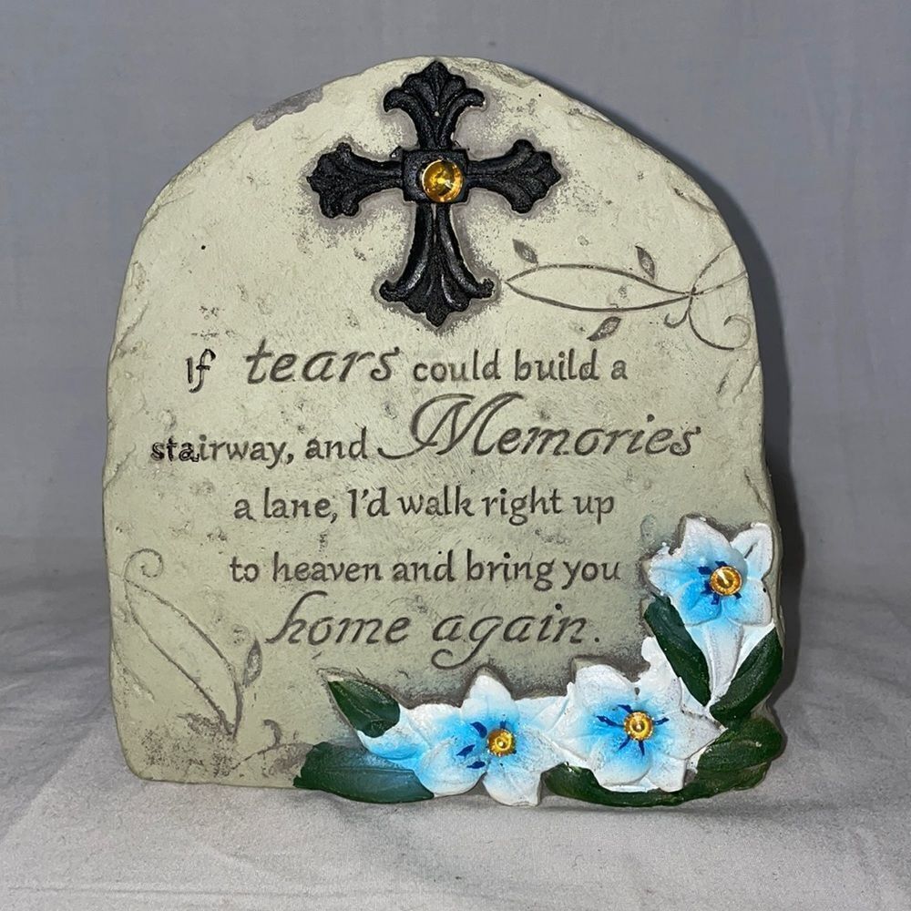 Figurine Tombstone With A Memorial Saying Etched Into It.
